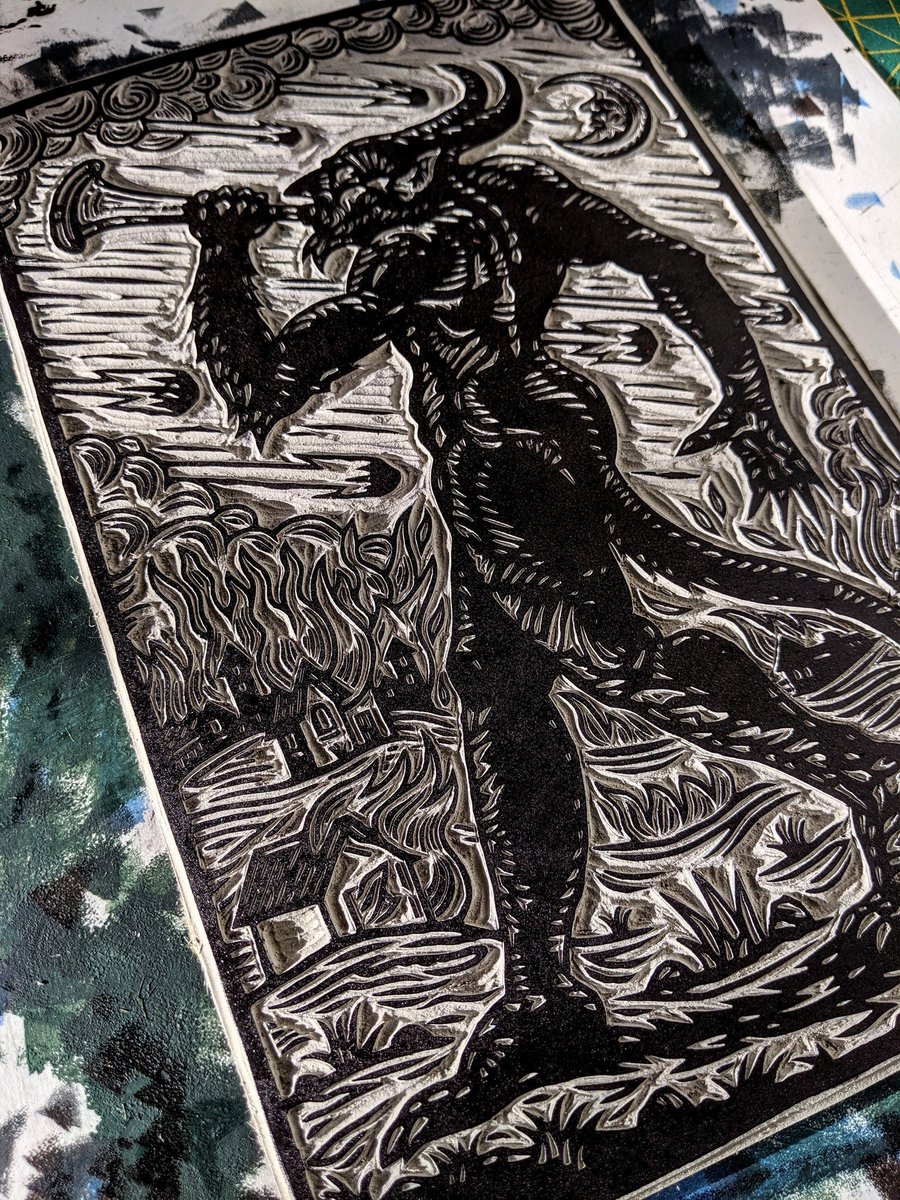 Oh hey, look. I did a new lino print!
Inspired by seeing Ghost of a Flea in the flesh at the William Blake exhibition the other week, I took the figure and turned him into a kind of armageddon trumpet demon type thing...
slipperyjack.bigcartel.com/product/armage…