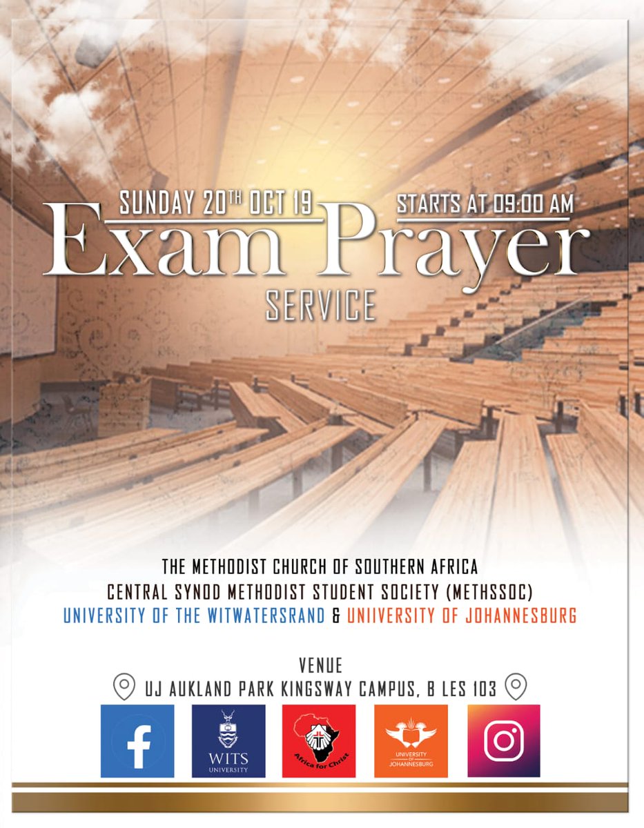 WitsMethSSoc's tweet photo. Joint Exam Prayer Session With Sister Branch @ujmethssocapk😇

Sunday, 20th of October 2019 

See You There Fam😁! https://t.co/P4P7xwG8vQ