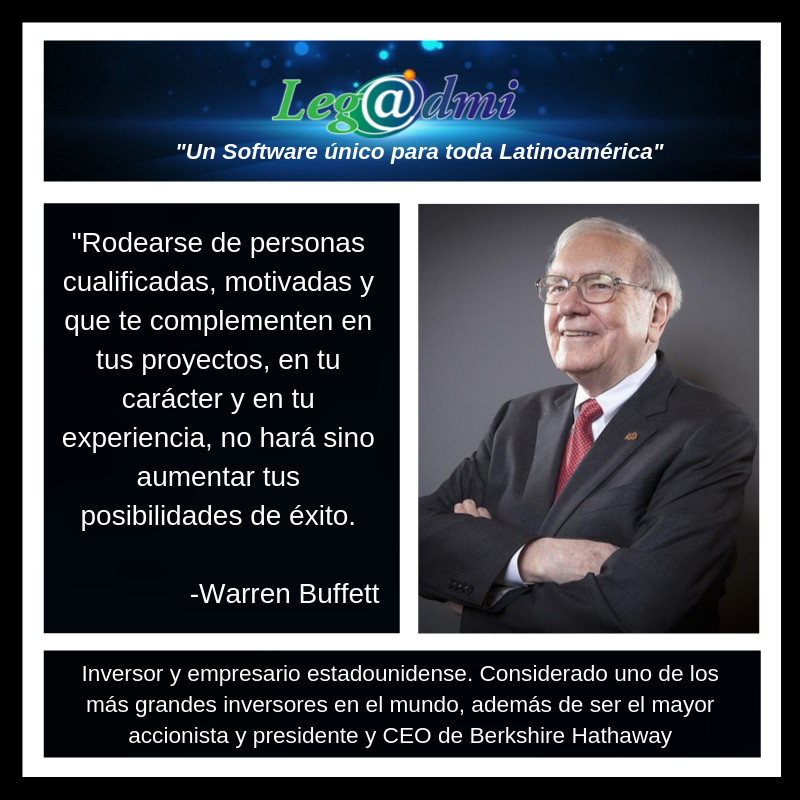 Legadmi's tweet photo. "Rodearse de personas cualificadas, motivadas y que te complementen en tus proyectos, en tu carácter y en tu experiencia, no hará sino aumentar tus posibilidades de éxito.
-Warren Buffett
#BusinessIntellingence #ThursdayMotivation https://t.co/ftDvFU96LK