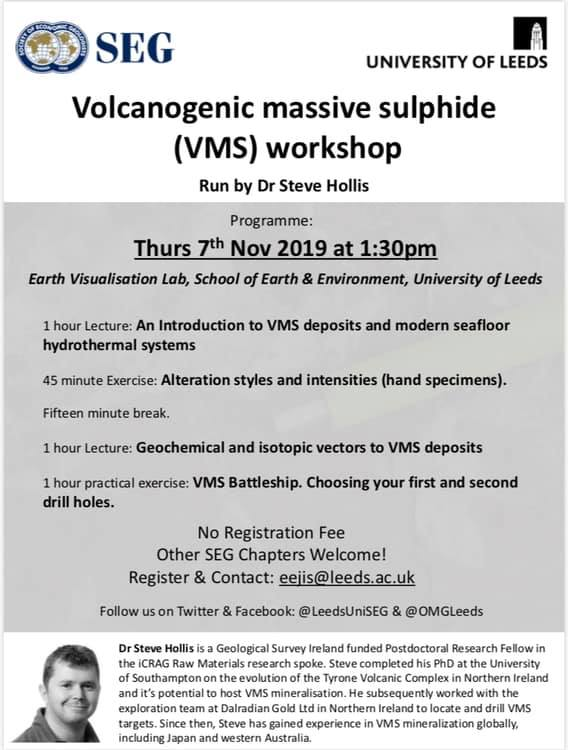 The Leeds SEG Student Chapter are very excited to announce that a volcanogenic massive sulphide (VMS) workshop run by Dr Steve Hollis @TheGeoFather will be taking place on Thurs 7th Nov at 1:30pm in the EVL.

See event below for more info and to register

facebook.com/events/2515536…