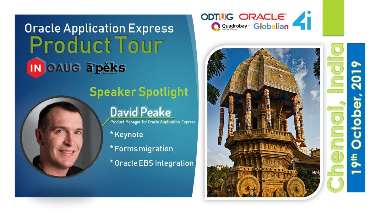 inoaug's tweet photo. #INOAUG Keynote Speaker @orcl_dpeake will also be speaking on Forms Migration and Oracle EBS Integration Come, join him at 3rd Annual #Oracle #APEX Conference at #chennai held at #iitm Research park #19oct19 #odtug #4iapps #quadrobay #globalian https://t.co/H7WbLu3TAD