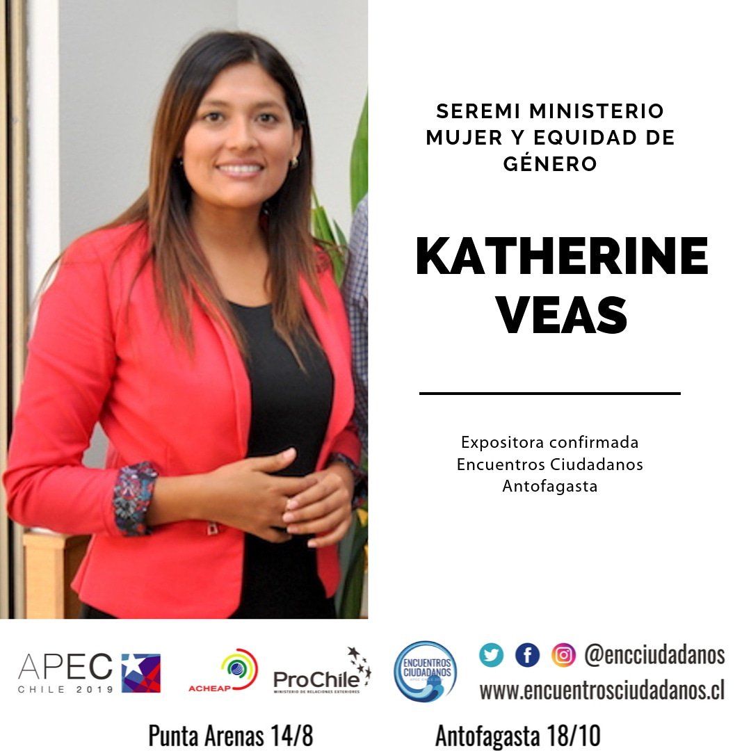 #Antofagasta
Expositora confirmada!!
#KatherineVeas SEREMI <a href="/MMEGAntofagasta/">Seremi Mujer y Equidad de Género Antofagasta</a> 18 Oct 08:30 horas Hotel Antofagasta. Participa de #EncuentrosCiudadanos, inscríbete en bit.ly/2xIltoj¡¡Los esperamos!!#apecchile2019 #acheapag #economiaoceanica #ernc #mujer #energia #desarrollo