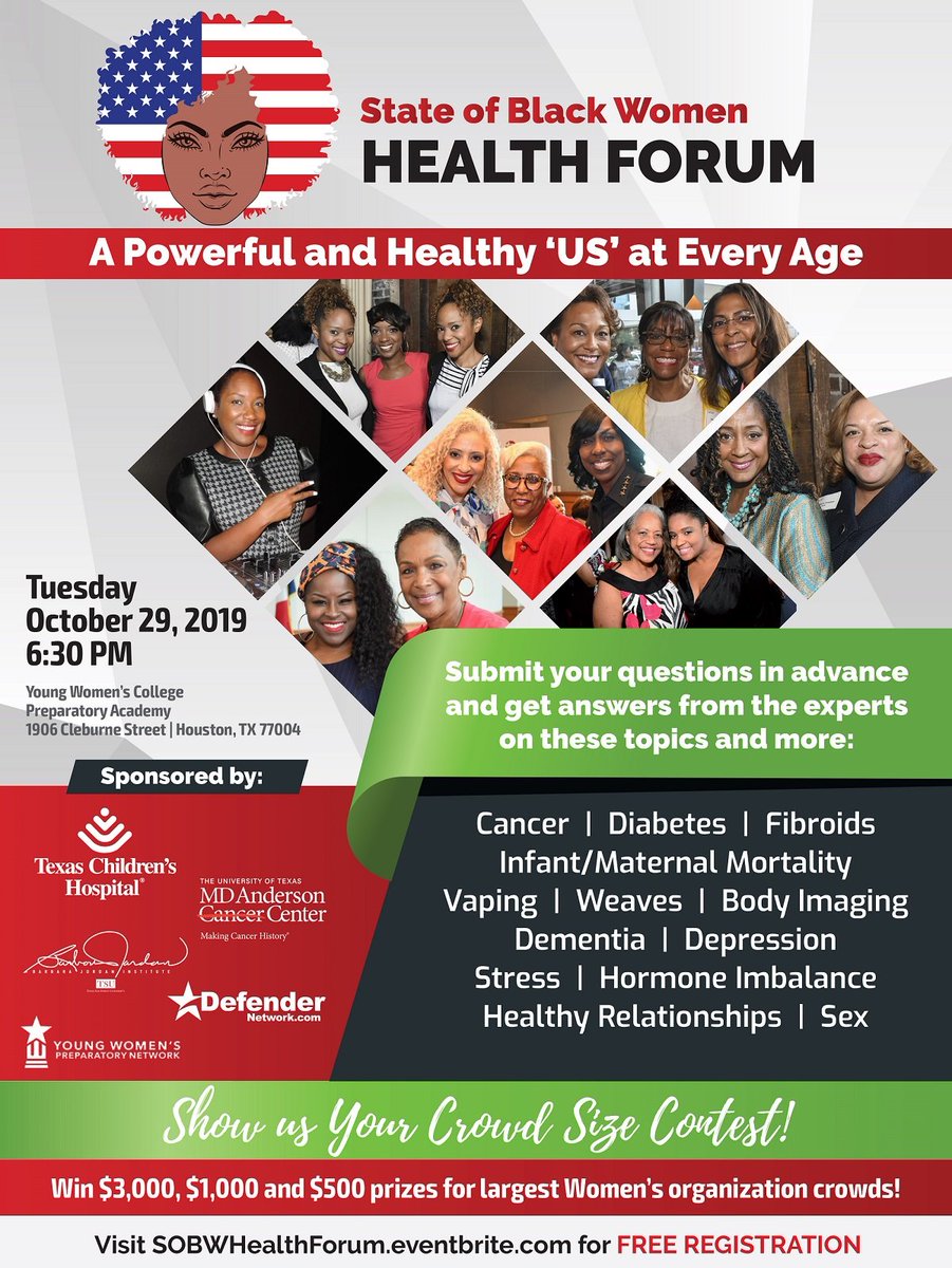 MargoWH's tweet image. State of Black Women Health Forum in Houston, Tuesday, Oct. 29, doors open at 5:30 p.m., at the Young Women's College Preparatory Academy for women ages 18-70+  REGISTER FREE TODAY //
sobwhealthforum.eventbrite.com