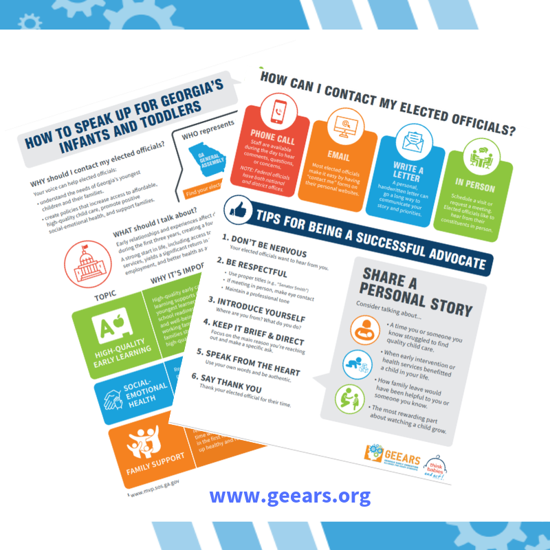 GEEARS's tweet photo. Families are the best advocates for their children! Check out the new #GEEARS advocacy guide to learn how you can contact your elected officials to help them understand the needs of #Georgia’s youngest children. Click here: https://t.co/YutaMgyFeT @ZEROTOTHREE #gapol https://t.co/hoXFtpWxRw