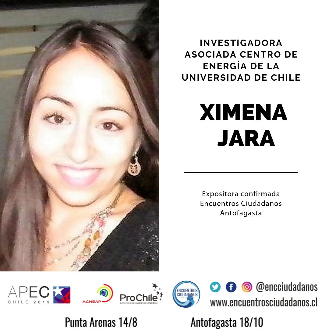 #Antofagasta
Expositora confirmada!!
#XimenaJara del Centro de Energía de la <a href="/uchile/">Universidad de Chile</a>. 18 Oct 08:30 horas Hotel Antofagasta.Participa de #EncuentrosCiudadanos, inscríbete en bit.ly/2xIltoj¡¡Los esperamos!!#apecchile2019 #acheapag #economiaoceanica #ernc #mujer #energia