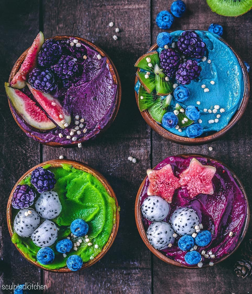 sculptedkitchen's tweet photo. What's better than 1 smoothie bowl?! Four! 
Flavours are kale, blueberry, raspberry beet and banana spirulina.

#smoothie #nicecream #dairyfree #smoothiebowl #icecream #Foodie https://t.co/Yqz2oVo57f