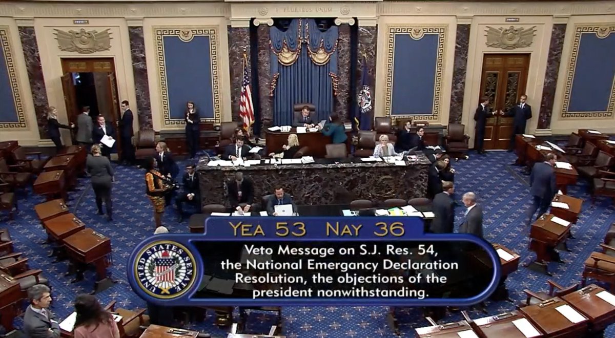 C-SPAN screen showing the 53-36 vote failing to override Trump's veto of the resolution to block his emergency declaration at the border.