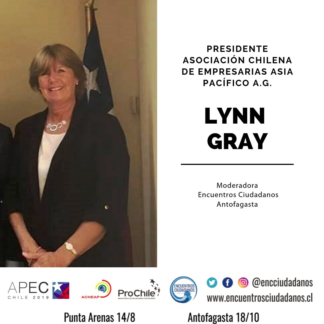 #Antofagasta
Moderadora confirmada!!
#LynnGray Presidenta <a href="/acheapag/">acheapag</a> 18 Oct 08:30 Hotel Antofagasta.

Participa de #EncuentrosCiudadanos, inscríbete en bit.ly/2xIltoj

¡¡Los esperamos!!

#apecchile2019 #acheapag #economiaoceanica #ernc #mujer #energia #desarrollo #futuro