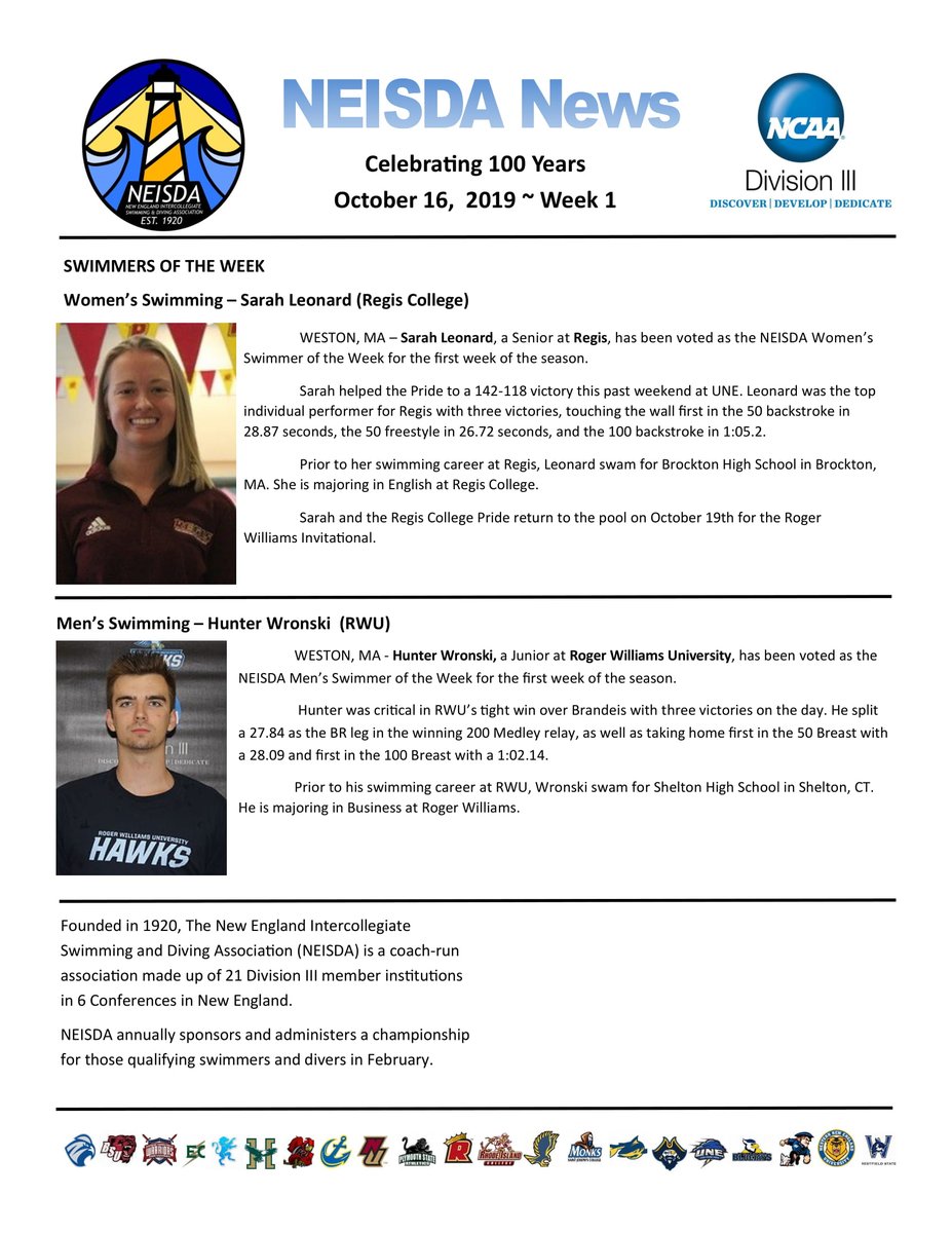 NEISDASwimDive's tweet photo. Congratulations to this week's Athletes of the Week

Female Swimmer: Sarah Leonard (Regis)
Male Swimmers: Hunter Wronski (RWU)

Female Diver: Brooke Britt (RWU)
Male Diver: Ben Giroux (RWU) https://t.co/qWVuMev2so