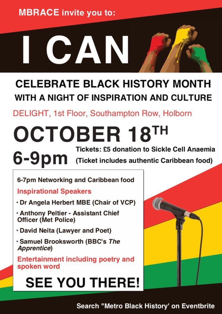 It is your last chance to apply for the I CAN Black history Month Talk, conference, and celebration. 

Get your ticket here eventbrite.co.uk/e/i-can-black-…

The main event will consist of inspirational talks from black professionals and leaders, followed by a Q&amp;A, networking, and food.