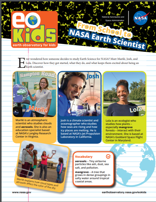 NASAGO's tweet photo. Check out this issue of #NASA #EOKids which features our very own #Clouds Science Lead, Marilé Colón Robles!  This issue was also included in this year's #ESW toolkits. https://t.co/JE2iFq9Ojw #EarthScienceWeek @earthsciweek
#GeoscienceIsForEveryone #CloudChallenge #CitSci https://t.co/pudoDdc9h3