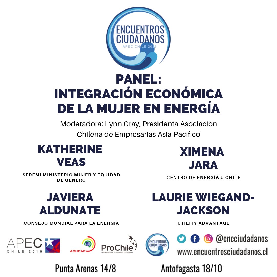 #Antofagasta
Listos nuestros paneles 
Panel 1: Energías del Futuro
Panel 2: Integración Económica de la Mujer en Energía 
18 Oct 08:30 Hotel Afta.Participa de #EncuentrosCiudadanos, inscríbete en bit.ly/2xIltoj¡Los esperamos!#apecchile2019 #acheapag #ernc #mujer #energia