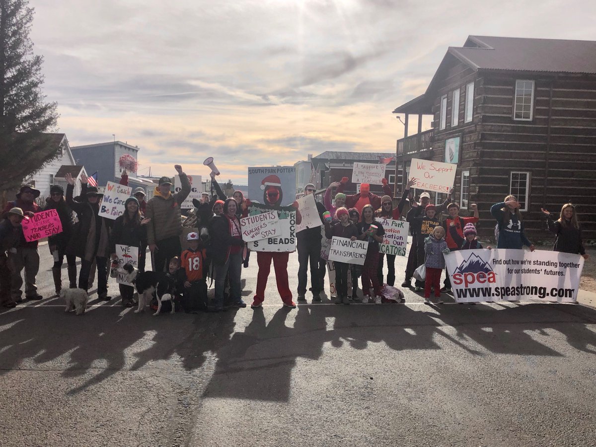 NEAToday's tweet photo. We want fair pay in Fairplay!📣 It's Strike Day 4 and we're still #SPEAStrong at the bargaining table fighting to keep loving educators in South Park schools!💪🏽 #RedForEd https://t.co/gassDeRCaB