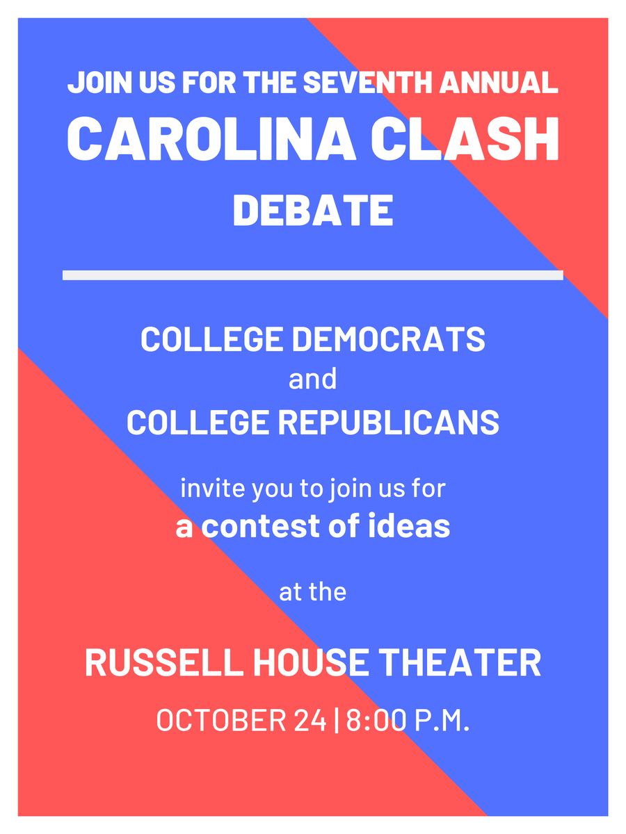 usccollegedems's tweet photo. It's that time of year again: We are partnering with .@USCCRS for the seventh annual Carolina Clash debate! https://t.co/J4S7GXWmdi