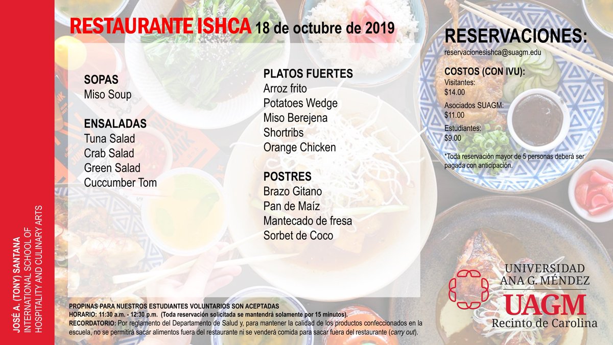 Continuamos con los sabrosos menús de nuestro Restaurante en <a href="/uagmishca/">UAGM ISHCA</a>, este viernes 18 de octubre desde las 11:30 am. Para reservaciones, enviar email a: reservacionesishca@suagm.edu. ¡Los esperamos! 
#elturismonosune #somosturismo_uagm #teamISHCA #uagmcarolina