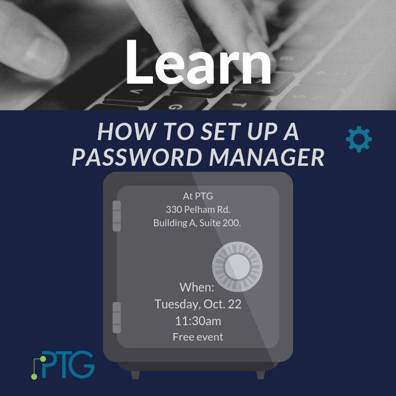 palmettotg's tweet image. ptg.tips/2Bmc2gk A few spots remain for our free password management lunch and learn on Tuesday. Get your password solution at PTG. Register now. 
#lunchandlearn #passwordmanagment