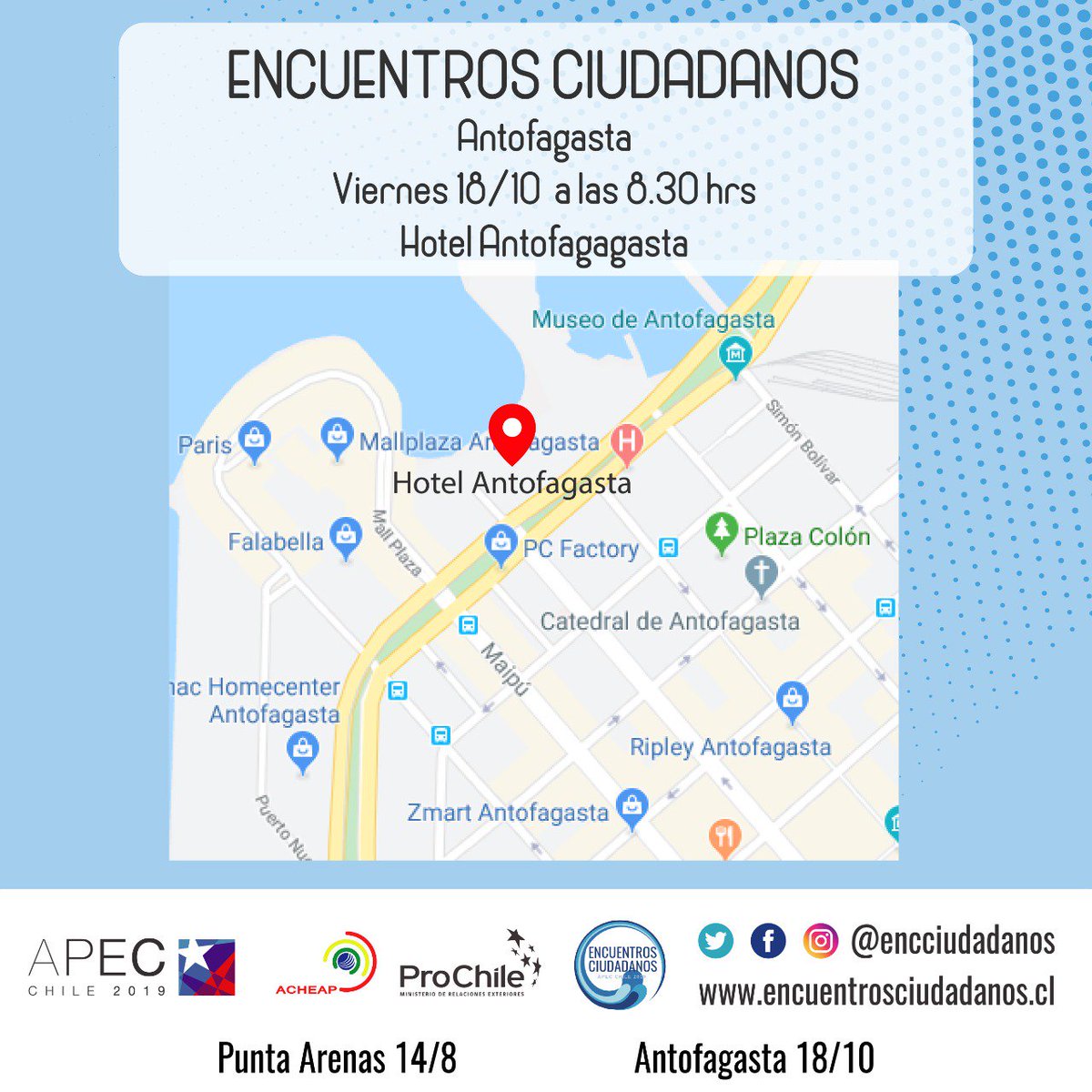 Atención #Antofagasta

Nos vemos mañana en #EncuentrosCiudadanos 

Participa, inscríbete en bit.ly/2xIltoj
¡¡Los esperamos!!

#apecchile2019 #acheapag #economiaoceanica #ernc #mujer #energia #desarrollo #futuro