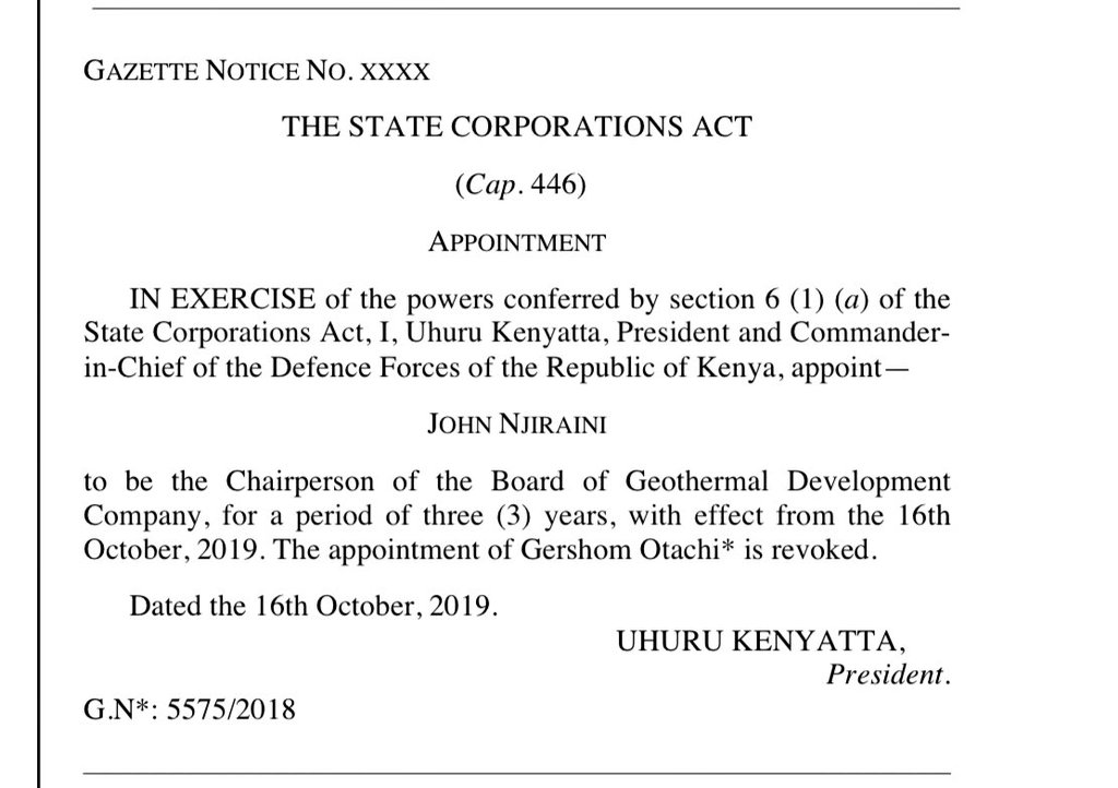 SkyThe5th's tweet photo. President Uhuru Kenyatta appointments former KRA Commissioner General John Njiraini as chair of GDC, former KDF vice Chair Joseph Kasaon as chair Kenya Meat Commission. #UhuruAppointees https://t.co/wJquawiCRE