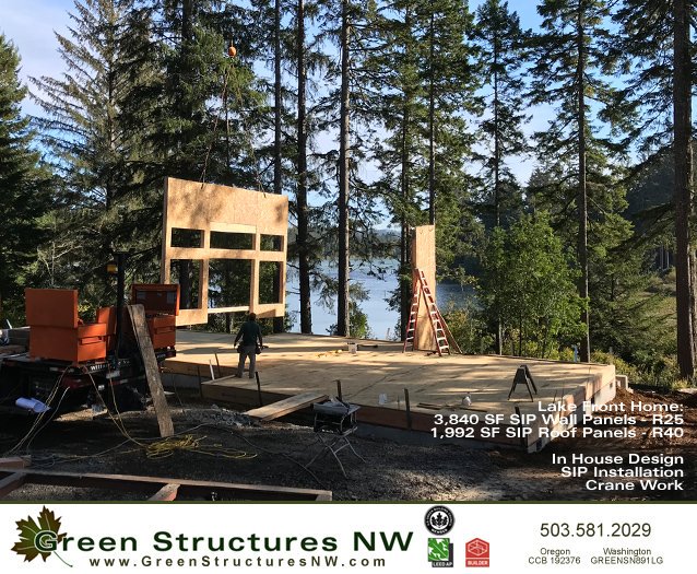 GS_NW's tweet image. Great Room wall taking advantage of the lake view!  Good start to day 1 of the @PremierSIPs installation. #BuildGreen #SIP #GreenBuilding