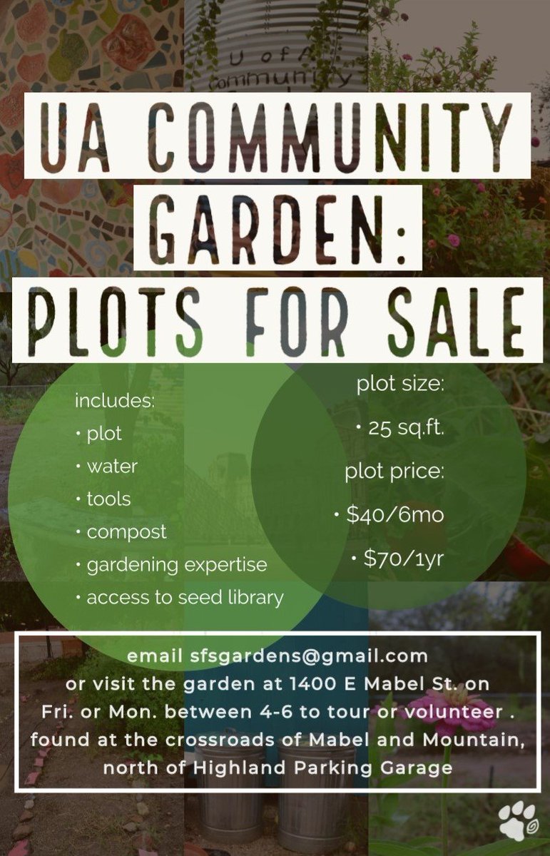 This just in from the Gardening Committee!! Garden plots are now up for sale at the University of Arizona Community Garden!
