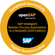 vasanthsri's tweet photo. I've earned the record of achievement for talking part in the @openSAP course - SAP Intelligent Robotic Process Automation. Excellent tool by SAP.
#RPA #IntelligentRPA #SAP #ProcessAutomation #SAPIRPA https://t.co/oeKZHJoZqn
