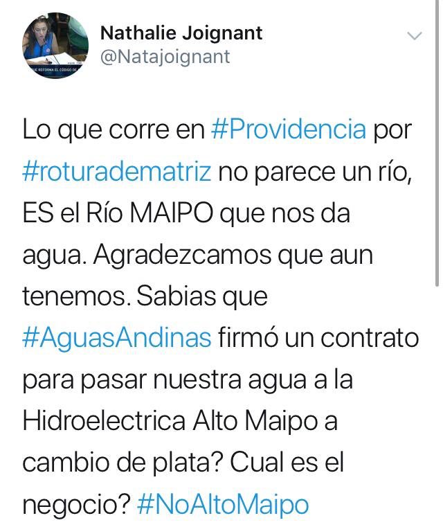 losvasquez's tweet image. Hay un Nefasto contrato entre la Hidroeléctrica Alto Maipo y Aguas Andinas, en dónde esta última compromete aguas de bien público para generación eléctrica.
Dada la crisis hídrica que afecta a 8M de personas de la RM exigimos a las autoridades que anulen dicho contrato.