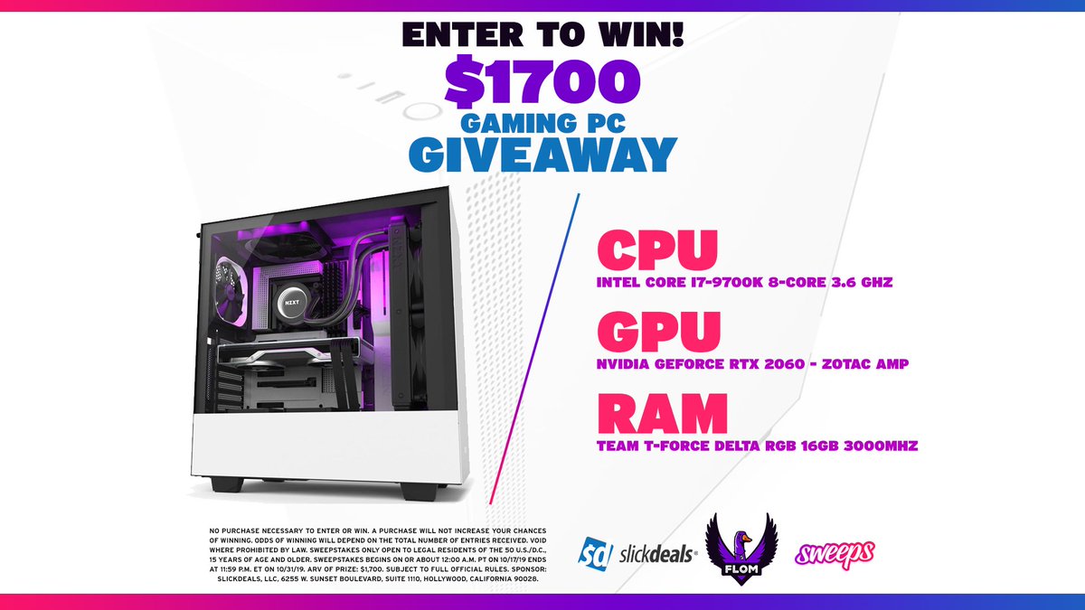fl0mtv's tweet image. I've teamed up with @Slickdeals and @Sweepsgg for this $1700 NZXTGaming PC giveaway!

To enter:
🔗 Click here: sweeps.gift/fl0mTW

Bonus entries:
💬 Tag two or more friends
💞 Retweet and like this post
👉 Follow @fl0mtv &amp;amp; @slickdeals