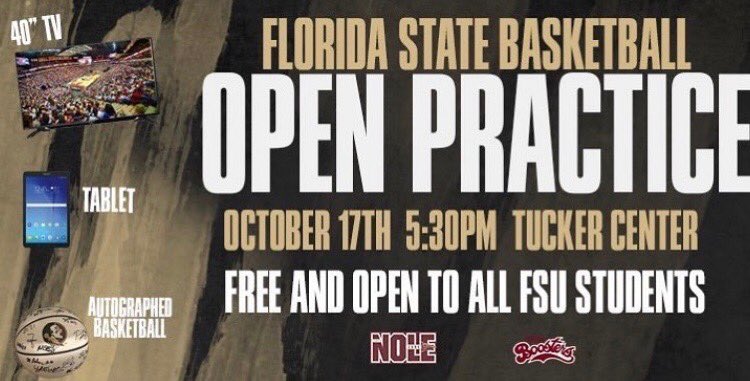 FsuClubBball's tweet photo. Come out and see Coach Hamilton and the Men’s Team at open practice, today from 5:15-7:00! Will you be the one to walk away with a tablet, tv or autographed basketball? https://t.co/lSVsh0Igiq