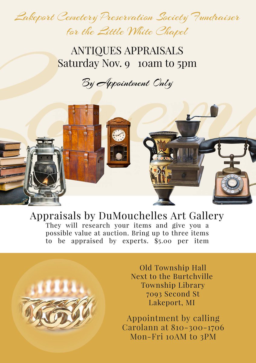 LWC48059's tweet photo. Call Carolann today at 810-300-1706 to make your appraisal appointment! Appraisals only $5 per item - Lakeport Cemetery Preservation Society Fundraiser for the Little White Chapel! https://t.co/UL0jgBuXHV