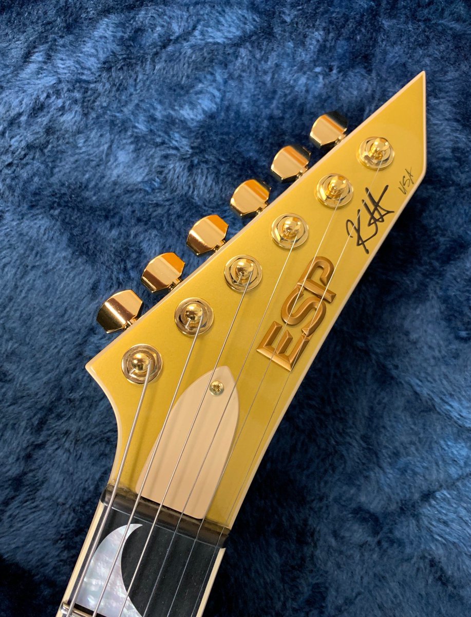 ESPGuitarsUSA's tweet photo. Today Kirk Hammett received his first ESP USA V-1 in Metallic Gold. https://t.co/2mWsD3P3ma