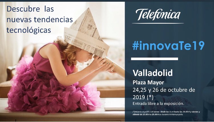 En el corazón de #Valladolid en su Plaza Mayor vuelve #innovaTe19 de <a href="/Telefonica/">Telefónica</a> , un escaparate tecnológico que no debes perderte. Desde el próximo jueves y hasta el sábado, puedes entrar gratis a descubrir los servicios más punteros #IoT #BidData #5G #ConectaEmpleo #Mapcesible