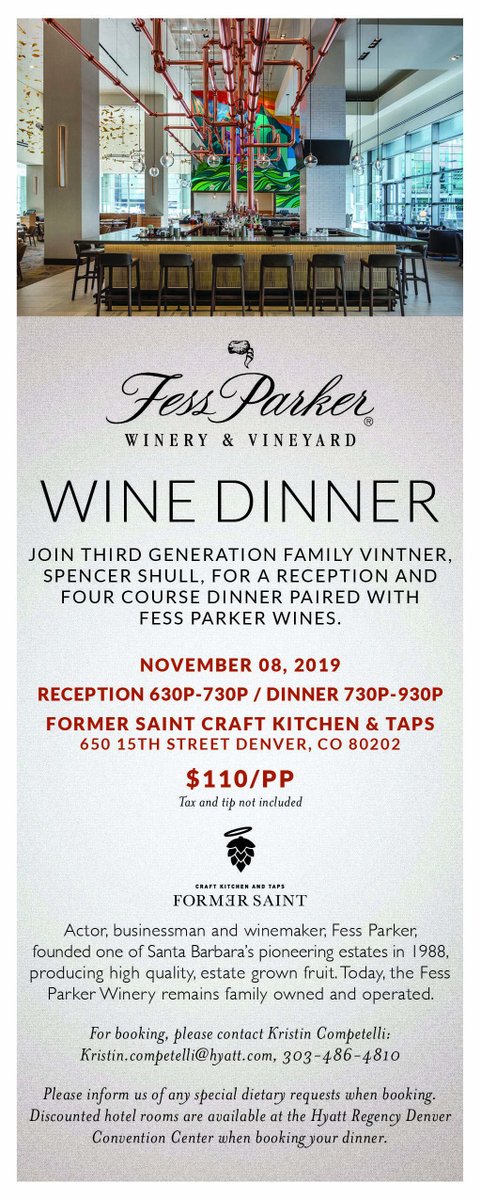 ColoExpression's tweet image. Get your tickets to Former Saint's upcoming wine dinner with Fess Parker on November 8th. Contact Kristin Competelli for tickets: kristin.competelli@hyatt.com or 303-486-4810. #winedinner #fessparker @FollowFess @FormerStDenver