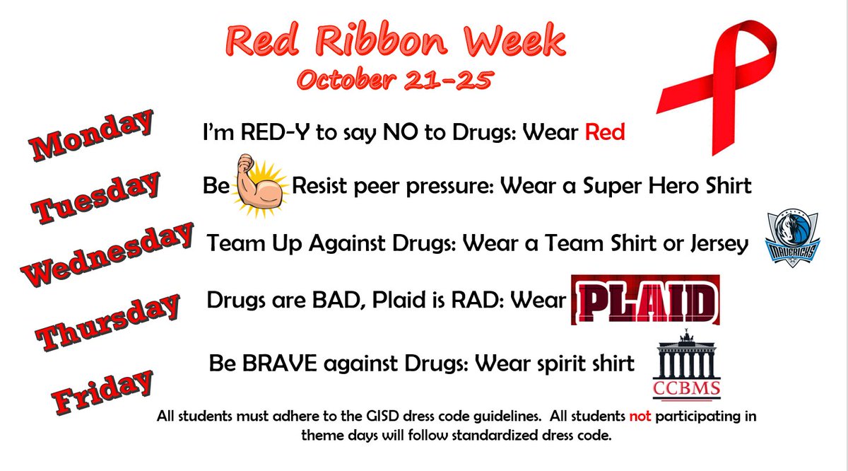 CandGCCBMS's tweet photo. Red Ribbon Week is next week! Theme day dress will draw our attention as we become better educated about the harmful effects of drugs. Join in! @CCBMS_Braves #BeBrave https://t.co/Ruxqrr9DgI