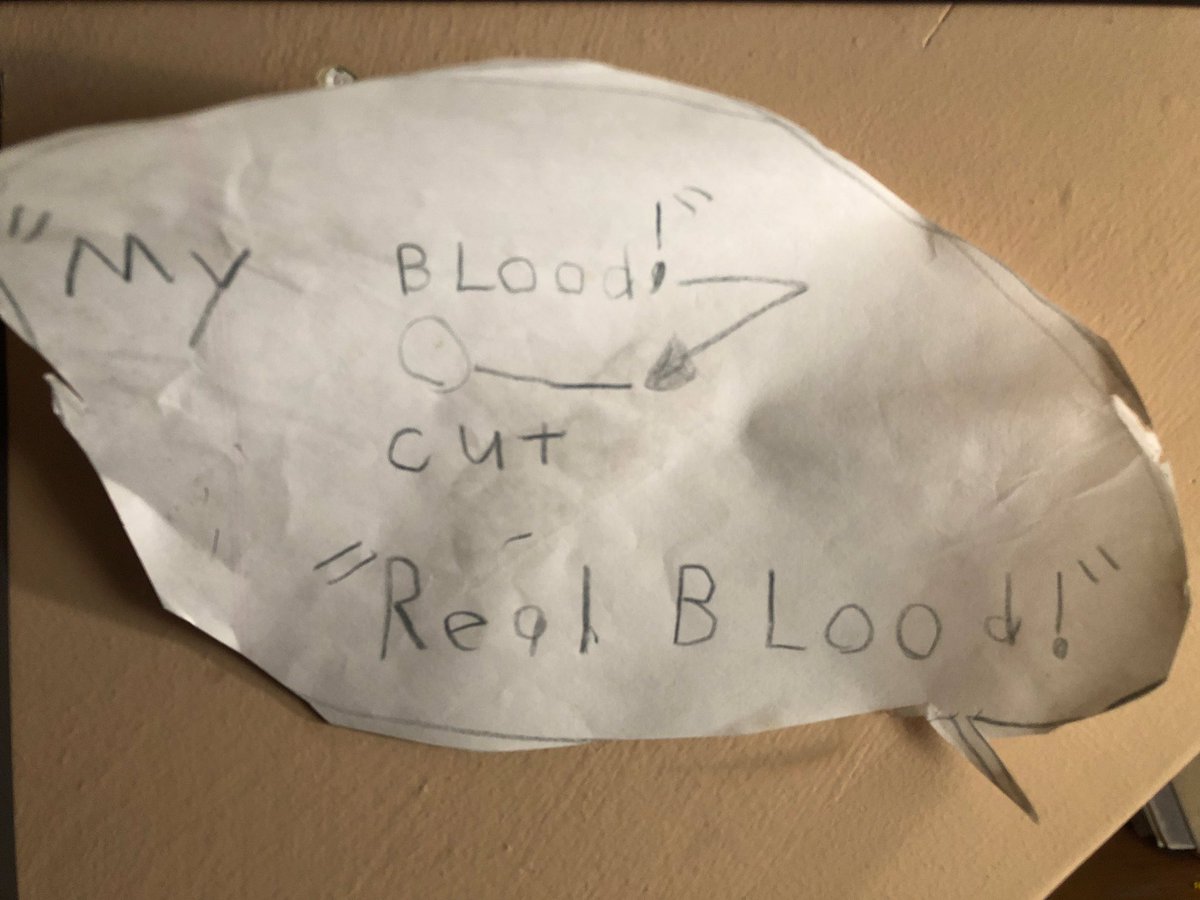 When I was little I cut my finger while hanging out in my dad’s studio and I wanted to tell him about my injury but he was on the phone so I drew a speech bubble and stamped my blood on the page and wrote this to get his attention.