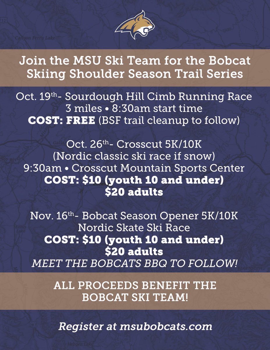 The Nordic crew of <a href="/MSUBobcatSkiing/">MSU Bobcat Skiing</a> will be hosting several events as part of their Shoulder Season Trail Series!

Sign up and participate by going to msubobcats.com/TrailSeries. #GoCatsGo