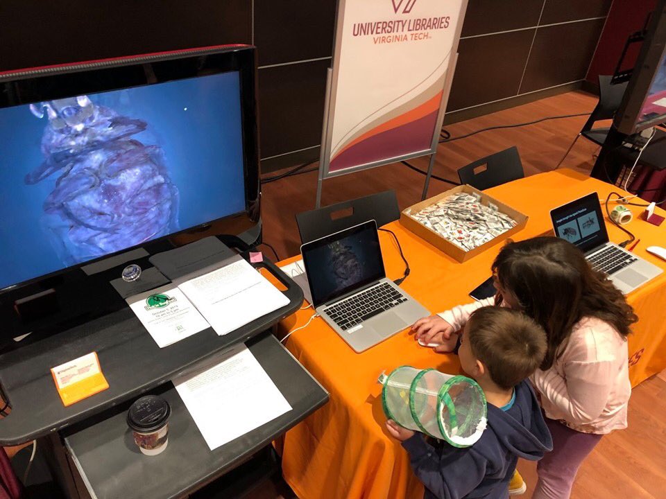 VTLibraries's tweet photo. A great time was had by all at this year’s #BugFest! Check out these photos of our exhibit where kids got to play with 3D models of real insects stitched together from hundreds of thousands of high-resolution photographs. 😮🐞🐝🦋🐛🦗
#HokieBugFest #BugFest2019 https://t.co/gg4s0dSf1i