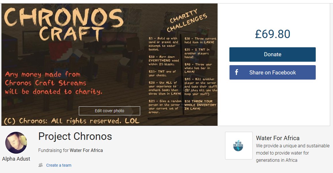 Chronos Craft has concluded. HUGE thank you to all Chronos members that participated in the 'Chronos Craft' charity server to raise money for 'Water For Africa'. We managed to raise £85.36 ($110) for the cause! 🥳 🥳 #Chronos #MixerCommunity #WaterForAfrica