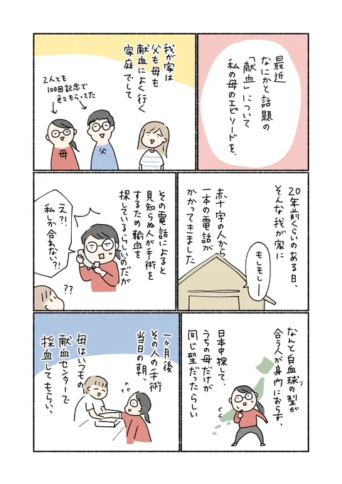 感じ方は人それぞれだと思うけど、どんな理由であれ献血に行こうと思う人の足を止めてほしくないので私の母のエピソードを漫画にしてみました。全3ページ。 