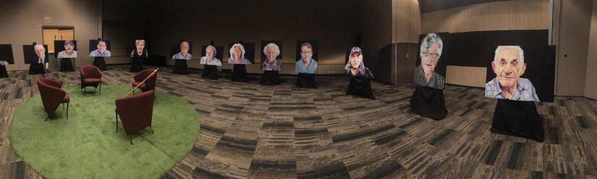 A powerful piece at the @WicihitowinYXE Conference. 

Here’s a photo of an exhibit titled “They Didn’t Know We Were Seeds,” done by Carol Wylie. 

She sat down with 9 residential school survivors and 9 holocaust survivors to create each piece, but there’s more. #yxe (1/5)