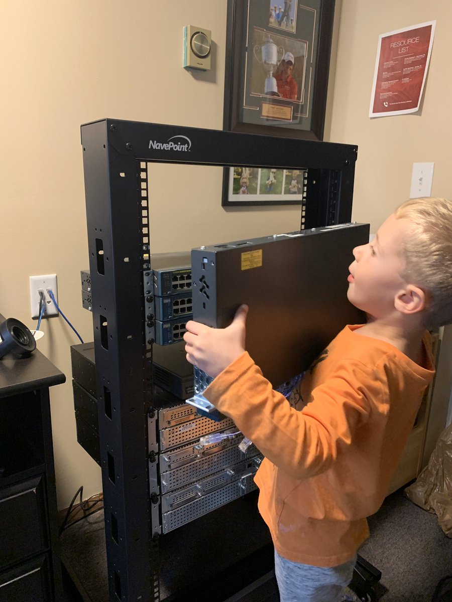 noblinkyblinky's tweet photo. Got a new rack for my lab today! Took the opportunity to start training my son! #networkengineerintraining #ciscochampion #labeveryday #ccnproute https://t.co/vaafKyC5Kc