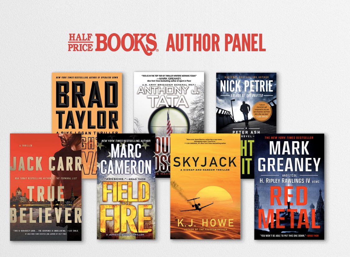 LimaCharlieEdit's tweet photo. SAVE THE DATE! Nov 2 at @halfpricebooks the flagship store in Dallas is hosting a @Bouchercon ‘19 panel w/ @bradtaylorbooks @ajtata @_NickPetrie_ @JackCarrUSA #MarkCameron @KJHoweAuthor & @MarkGreaneyBook there will be a discussion amongst these #thriller giants & autographs! https://t.co/uQtEUPZfD6