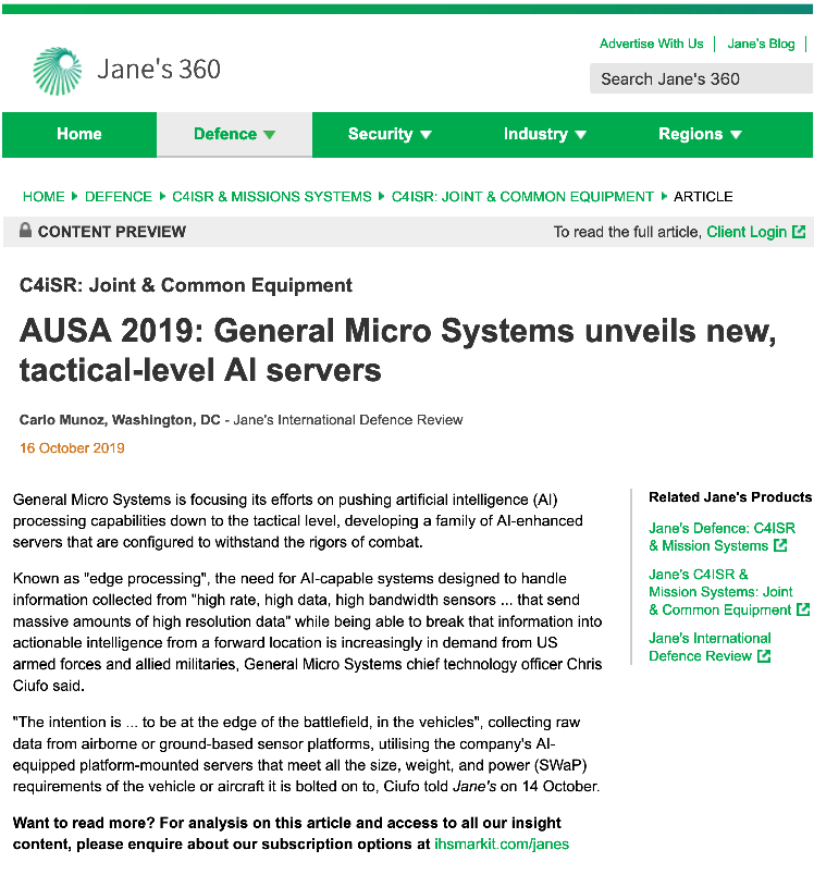 gms4sbc's tweet photo. Thanks to @NatSecCarlo of Jane's 360 for speaking with us at #AUSA2019. Here's a preview of their coverage, titled 'AUSA 2019: General Micro Systems unveils new, tactical-level AI servers'. @AUSAorg @JanesINTEL https://t.co/ck3E3AExjx https://t.co/izZLOiP3KP