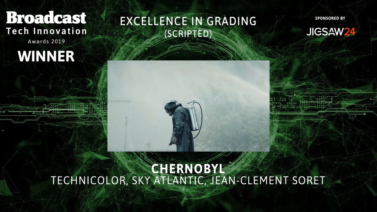 Next up is the award for Excellence in Grading (Scripted), sponsored by @WeAreJigsaw24, and the award goes to <a href="/Technicolor/">Technicolor Group</a> &amp; @SkyAtlantic’s Jean-Clement Soret for #Chernobyl #TechAwards