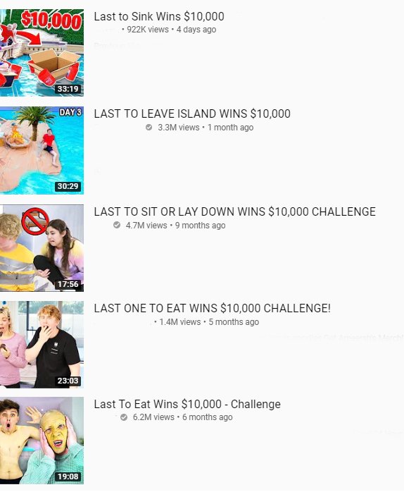 A series of YouTube videos promising $10,000 to people who are the "last" to do something.