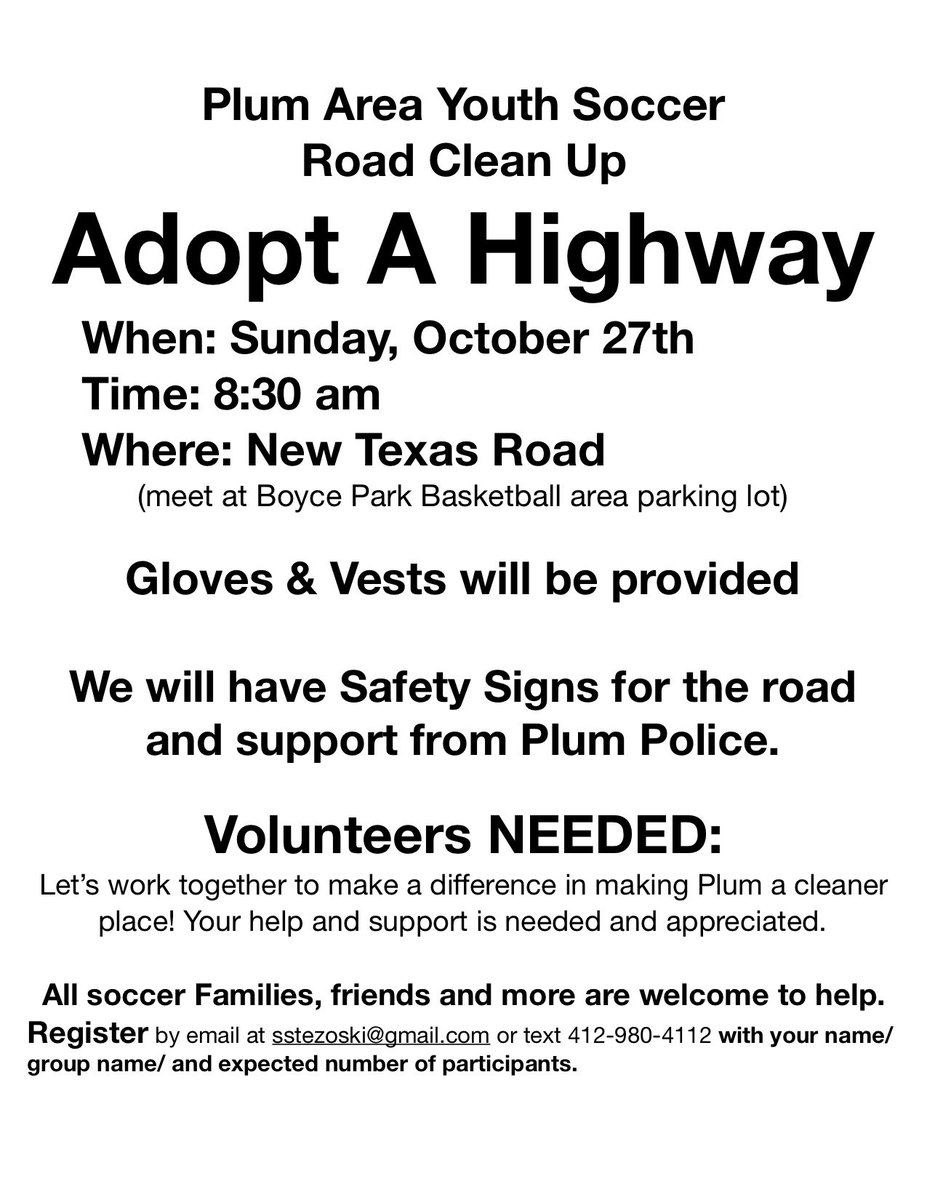 Plum Area Youth Soccer Adopt-A-Highway Roadway Clean Up Day on 10/27 at 8:30AM - mailchi.mp/bdf009a7f6a7/p…
