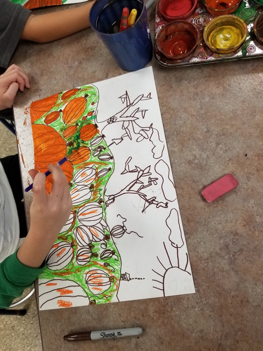 MsGallagherWES's tweet photo. 3rd graders at WES are working hard  on creating pumpkin patch landscapes this Fall. Here are some works in progress #arted #artmatters #art #wesart #pumpkins #landscape #mixedmedia #painting #elementaryart #wip https://t.co/h17jAlX3Yd