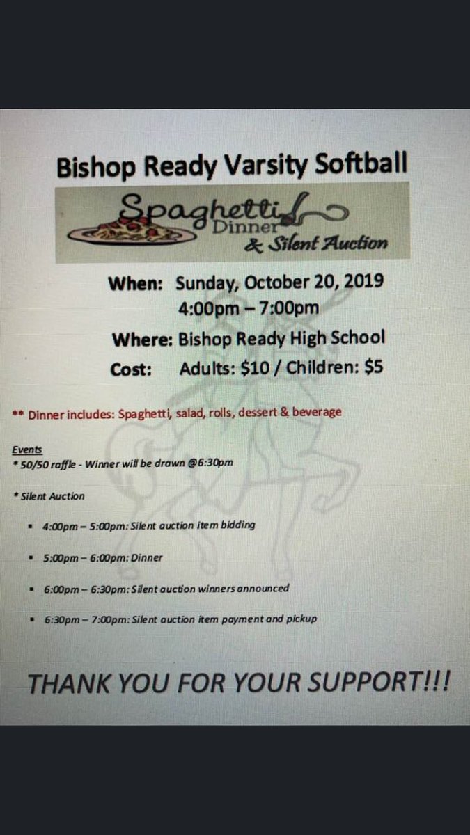 brhs_softball's tweet photo. Spaghetti Dinner Sunday!!! 4-7 @BishopReadyHS @ReadyAthletics to support the Softball team!!! $10/adult $5/child. Thanks for the support from private Chef Manny Castillo (‘84) and Emelio’s as well as Loralie’s Baking Co. #sundaydinner #supporttheprogram https://t.co/IsDfzqX3lk