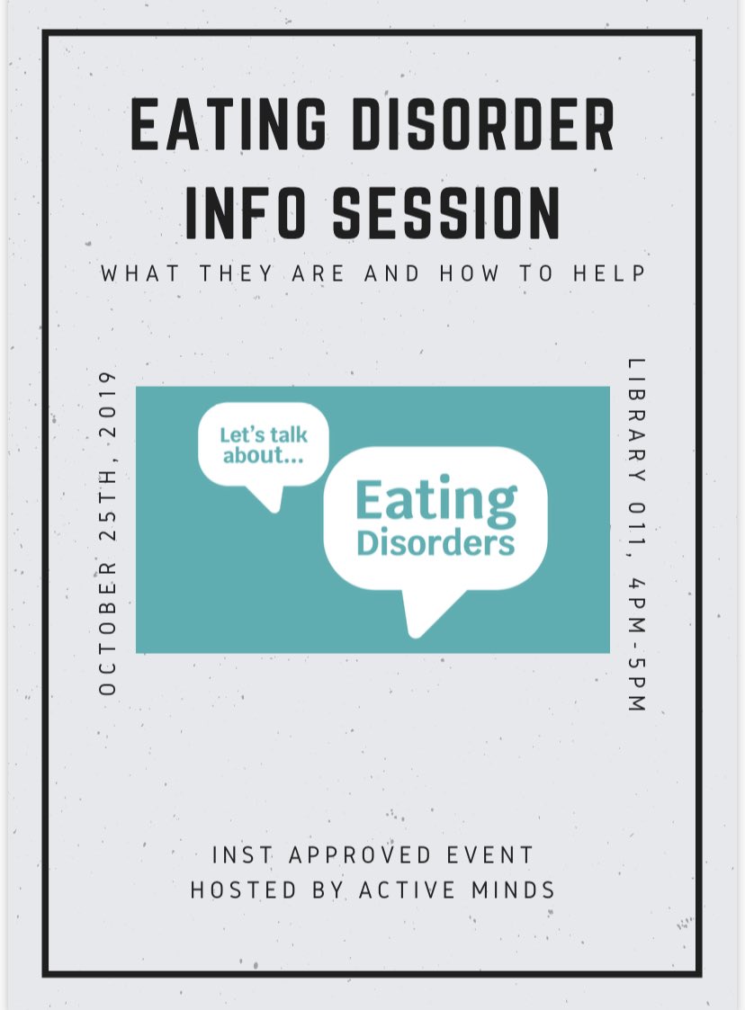 ActiveMindOU's tweet image. Come learn about eating disorders at this INST event hosted by Otterbein’s chapter of Active Minds. 
Library 011, 4-5pm 
October 25th