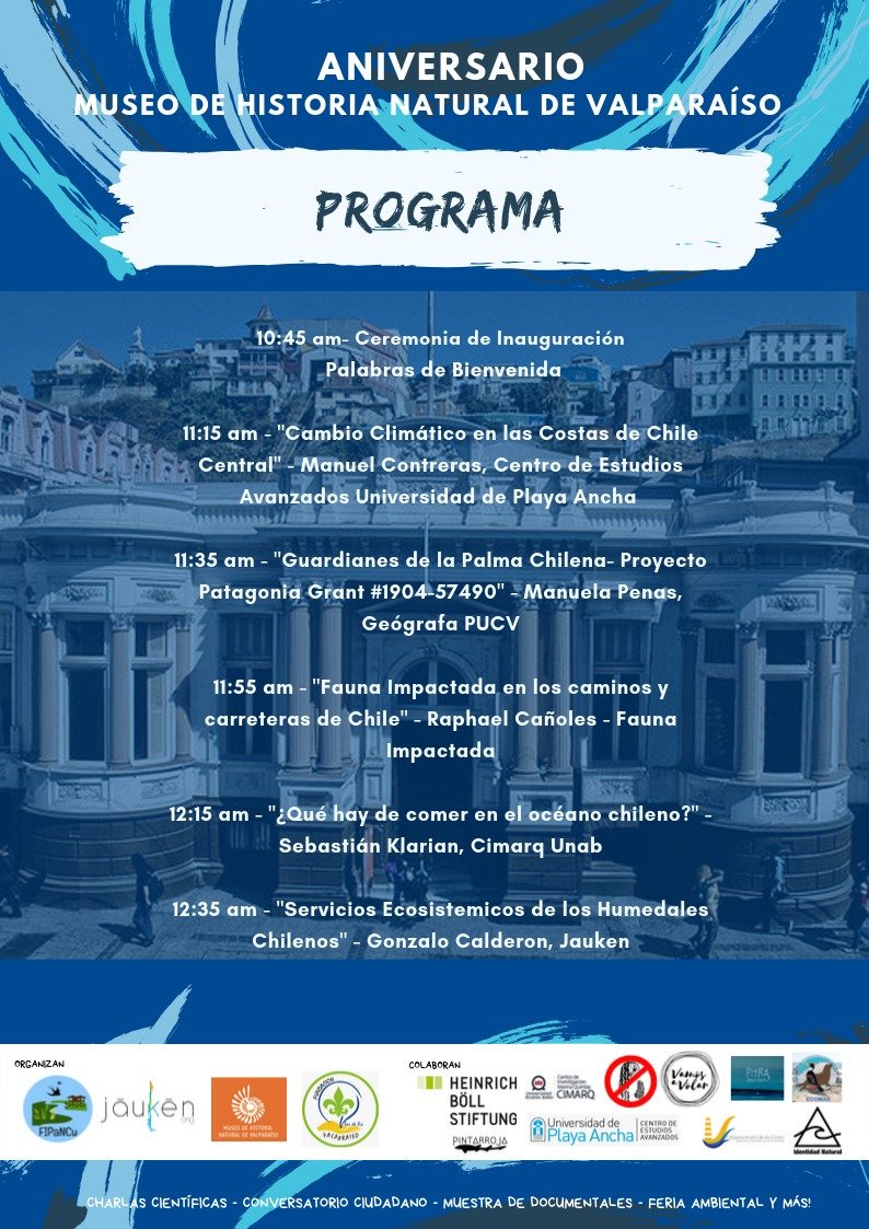 PROGRAMA D ESTE SÁBADO. #Aniversario @mhnvalpo desde las 10:45am. Comenzaremos con Ciclo de #CharlasCientíficas. En la tarde ls tenemos preparados #ConversatorioCiudadano y #CiclodeDocumentales, y todo el día, Feria de scouts, #educaciónambiental y ventas instagram.com/p/B3vEpLHnG2d/