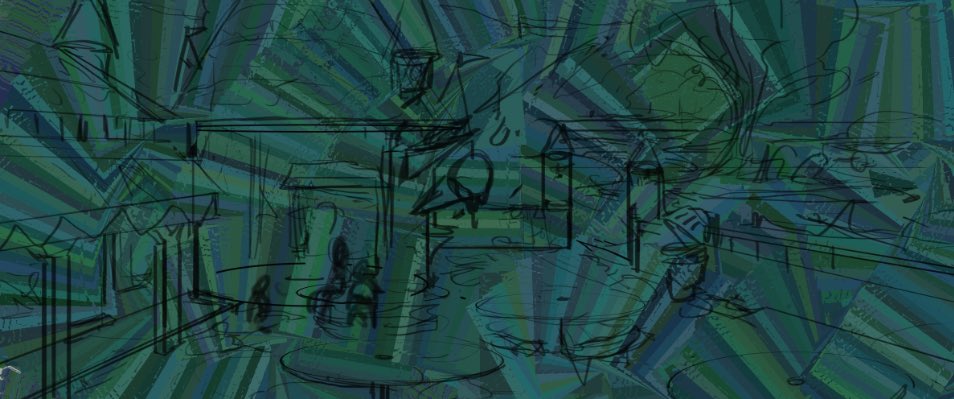 Some process! This was as tight as I went with my line drawing, as I resolved to figure out a lot of things in paint. This meant constantly checking with a 2 pt perspective grid. After the architecture was painted in clean, I got to have fun and grunge things up! 